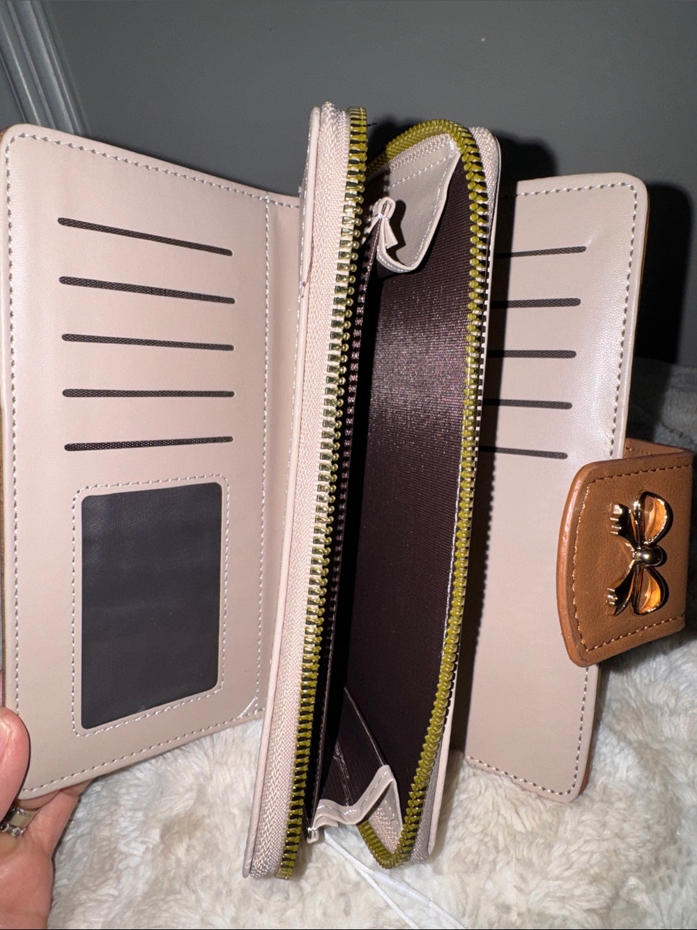 Women's Tan Faux Leather Wallet with Gold Bow Accent - Picture 8 of 8
